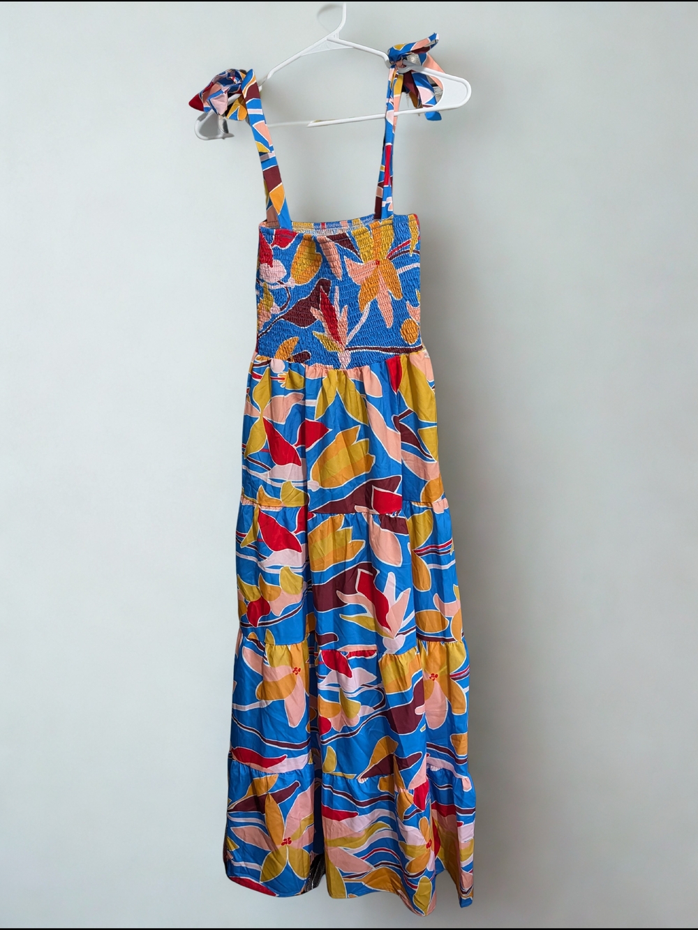 Blue Floral Smocked Maxi Dress with Tie Straps